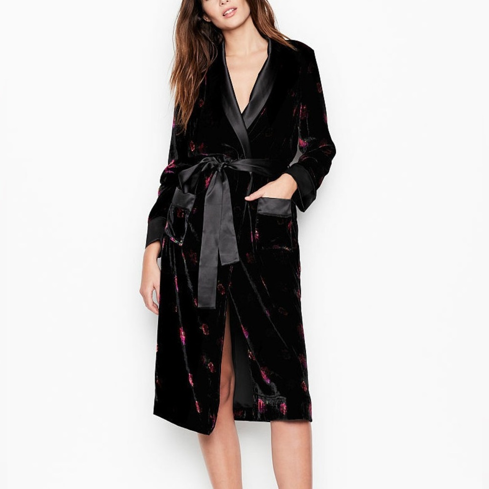 Victoria's Secret Black Robe with Red Floral Accents